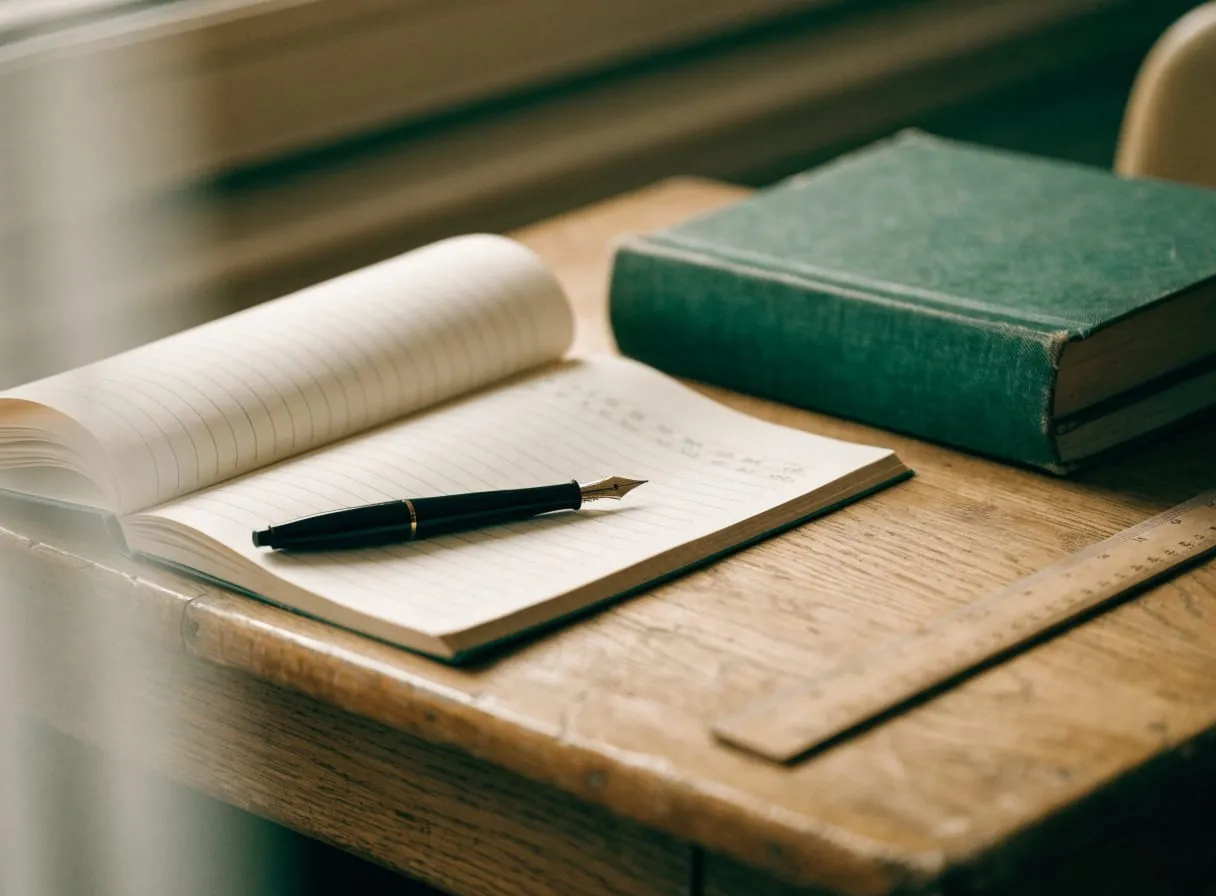 An exercise book and fountain pen on a school desk.