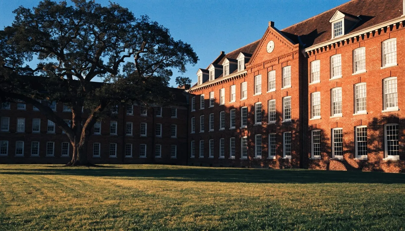 The main school building and quadrangle in late afternoon light.